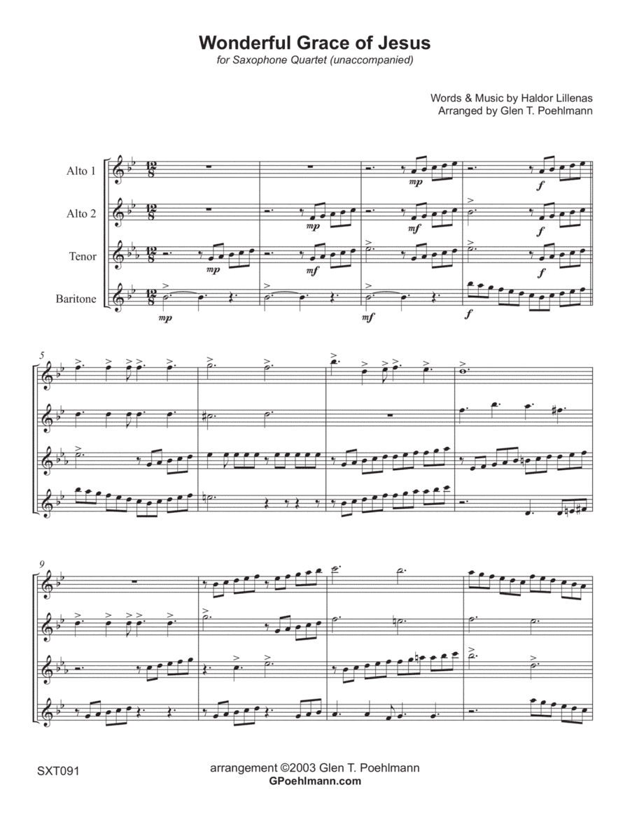 WONDERFUL GRACE OF JESUS - SAXOPHONE QUARTET (AATB or SATB) - unaccompanied (arr. Glen Poehlmann)