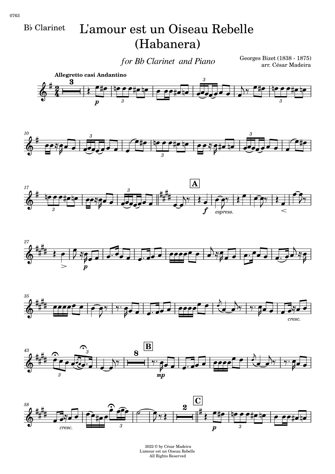 Habanera from Carmen by Bizet - Bb Clarinet and Piano (Individual Parts) (arr. César Madeira)