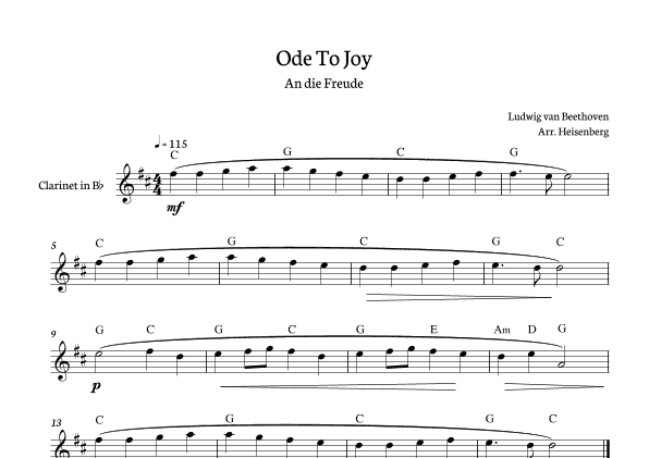Beethoven - Ode to Joy for clarinet with chords in C major. (arr. Heisenberg)