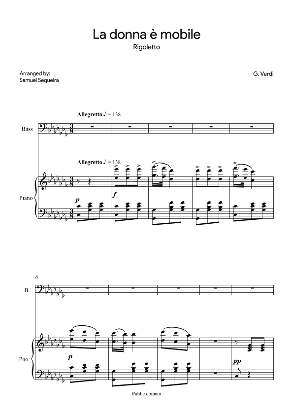 La donna è mobile - for Bass - in Cb (arr. Samuel Sequeira)