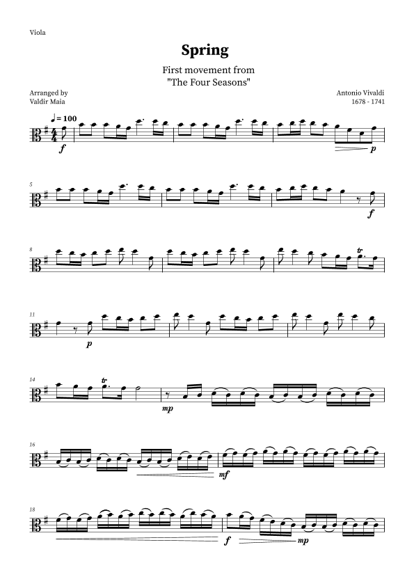 Spring - The Four Seasons for Viola Solo (G Major) (arr. Valdir Maia)
