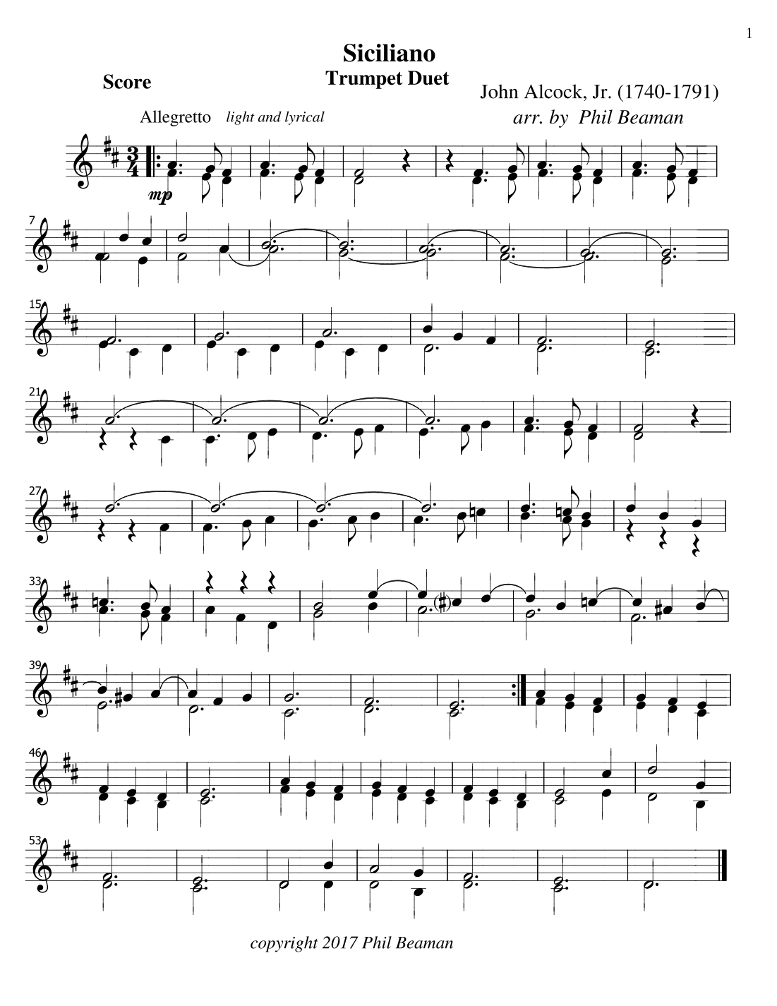 Siciliano - Trumpet Duet (arr. Phil Beaman)