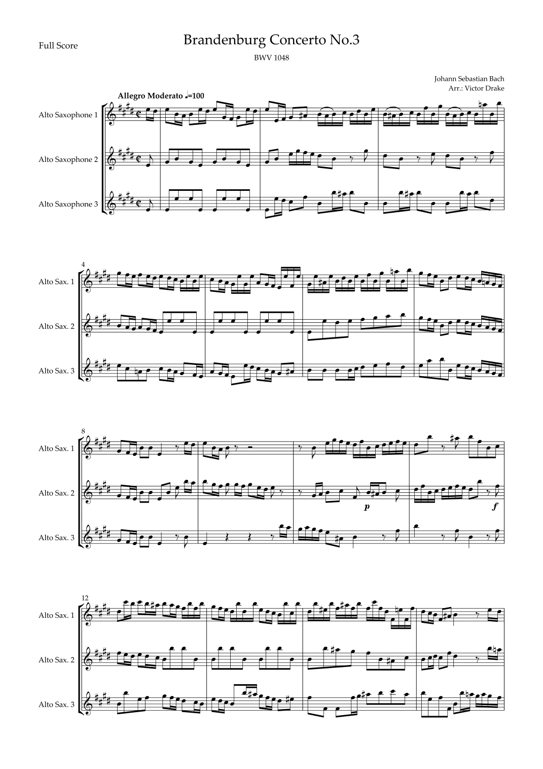Brandenburg Concerto No. 3 in G major, BWV 1048 1st Mov. (J.S. Bach) for Alto Saxophone Trio (arr. Victor Drake)