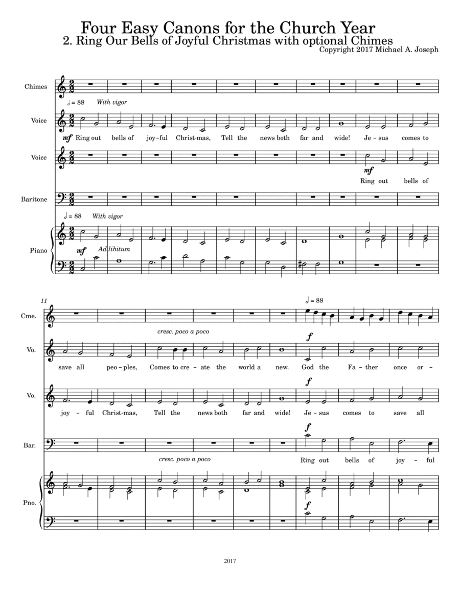 Five Easy Canons for the Church Year #2, Ring Out Bells of Joyful Christmas with optional chimes