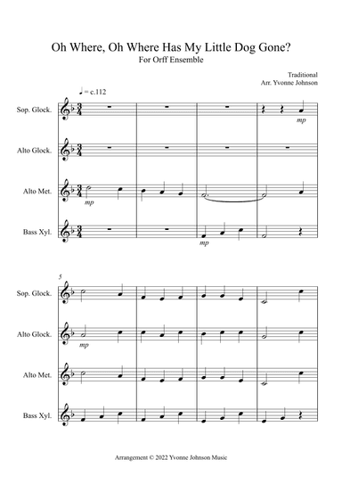Oh Where, Oh Where Has My Little Dog Gone  -For Orff Ensemble (arr. Yvonne Johnson)