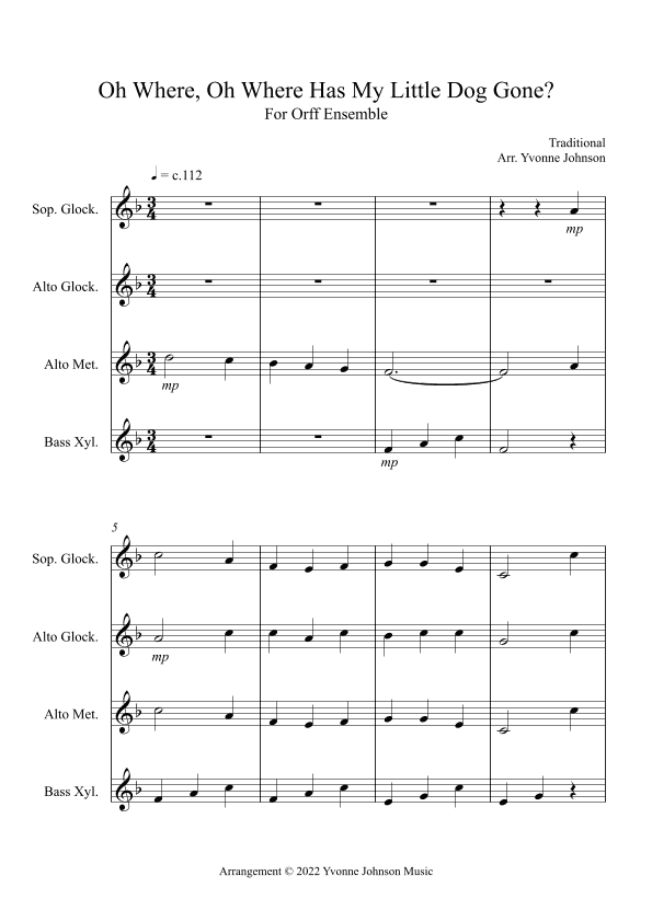 Oh Where, Oh Where Has My Little Dog Gone  -For Orff Ensemble (arr. Yvonne Johnson)