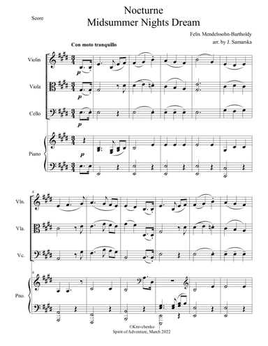 Felix Mendelssohn - Nocturne (from A Midsummer Night's Dream) arr. for piano quartet (score and part (arr. Julia Samarska)