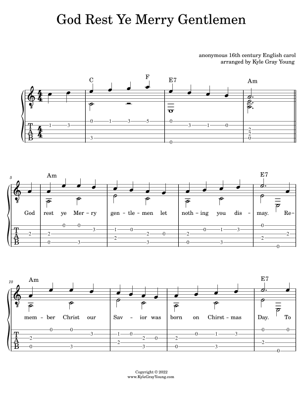 God Rest Ye Merry Gentlemen (easy fingerstyle guitar tablature) (arr. Kyle Gray Young)