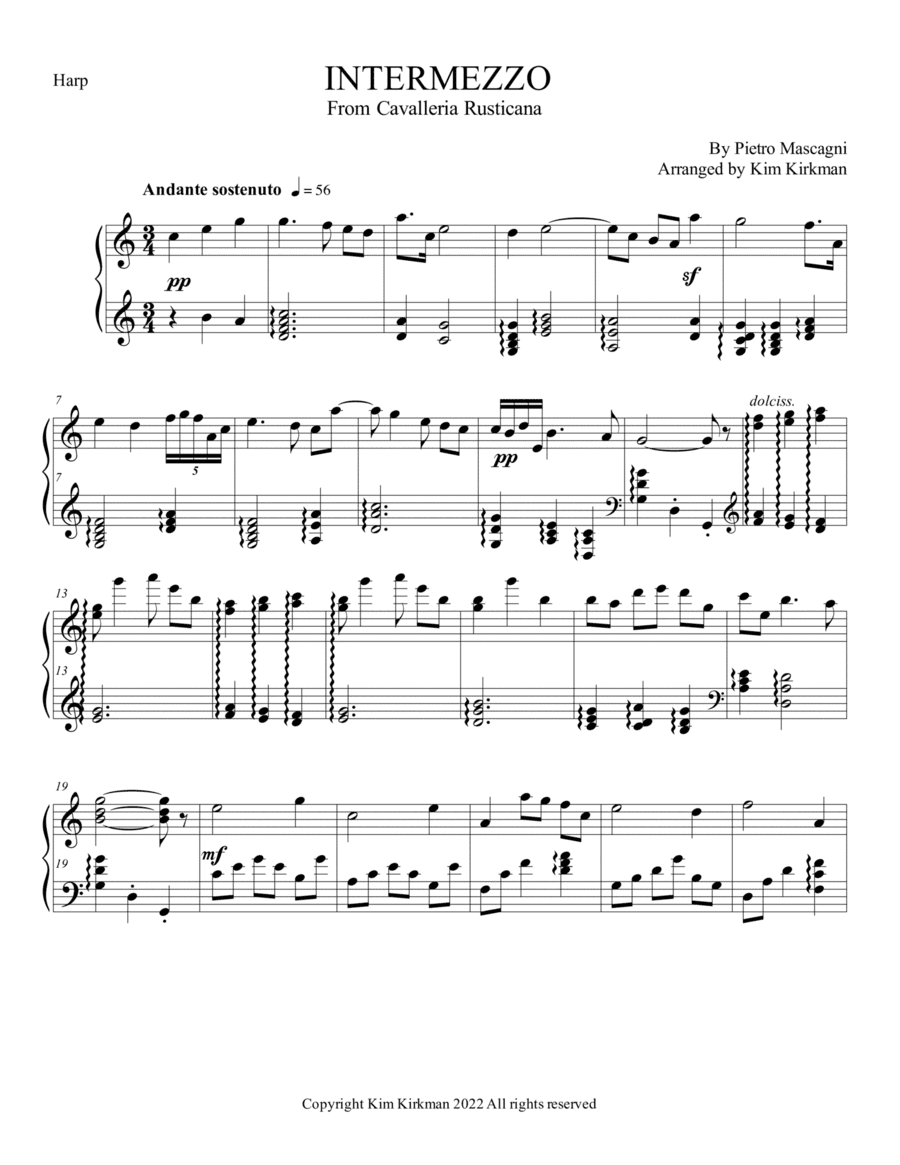 Intermezzo for solo harp from Cavalleria Rusticana by Mascagni in C - no levers required (arr. Kim Kirkman)