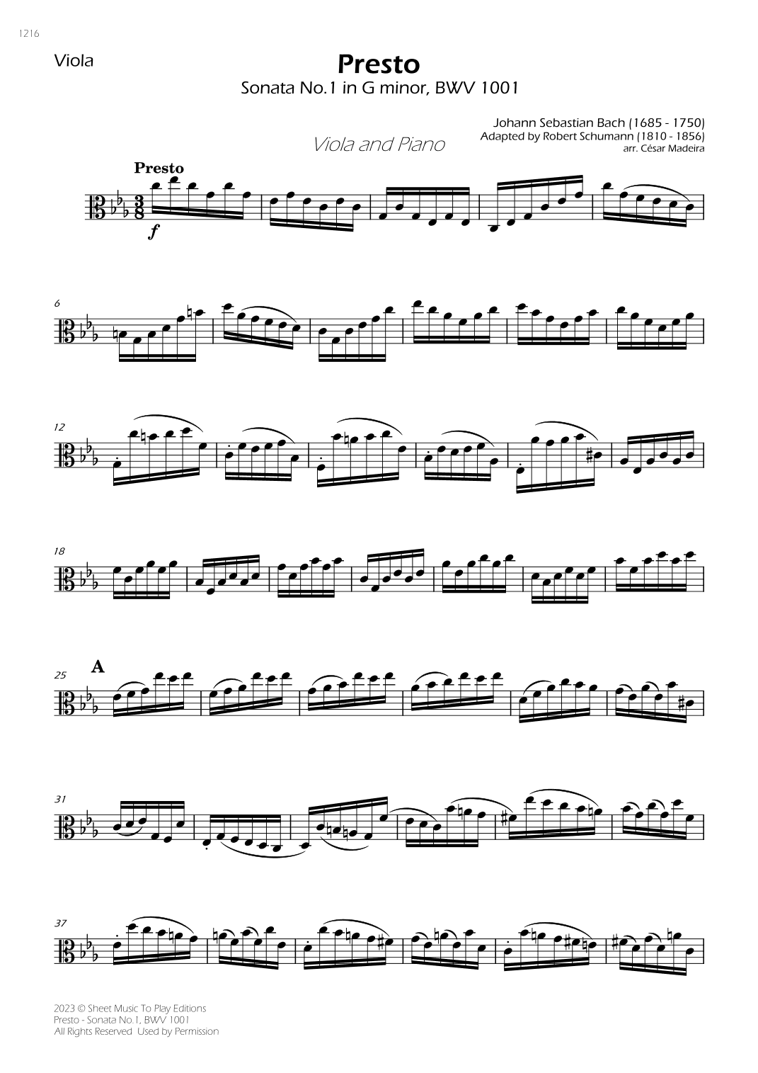 Presto from Sonata No.1, BWV 1001 - Viola and Piano (Individual Parts) (arr. César Madeira)