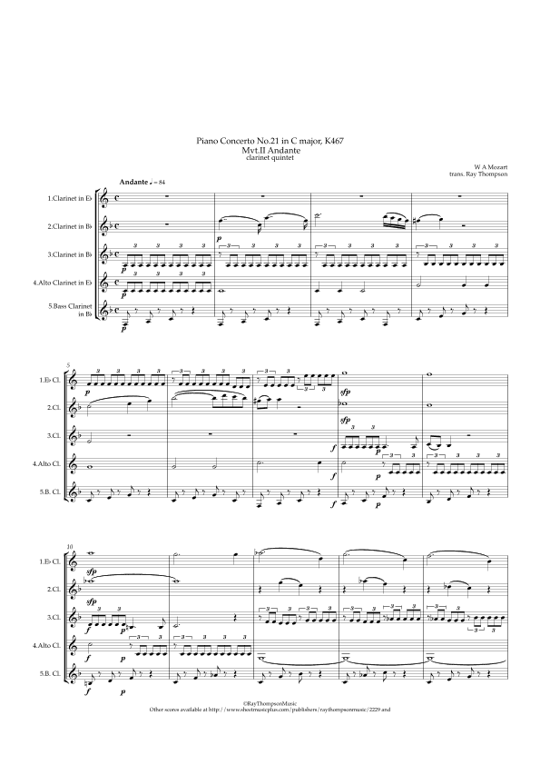 Mozart: Piano Concerto No.21 in C “Elvira Madigan” K467 Mvt.II Andante - clarinet quintet/ensemble (arr. Ray Thompson)