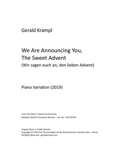 We Are Announcing You, The Sweet Advent (Wir sagen euch an, den lieben Advent) (arr. Gerald Krampl)