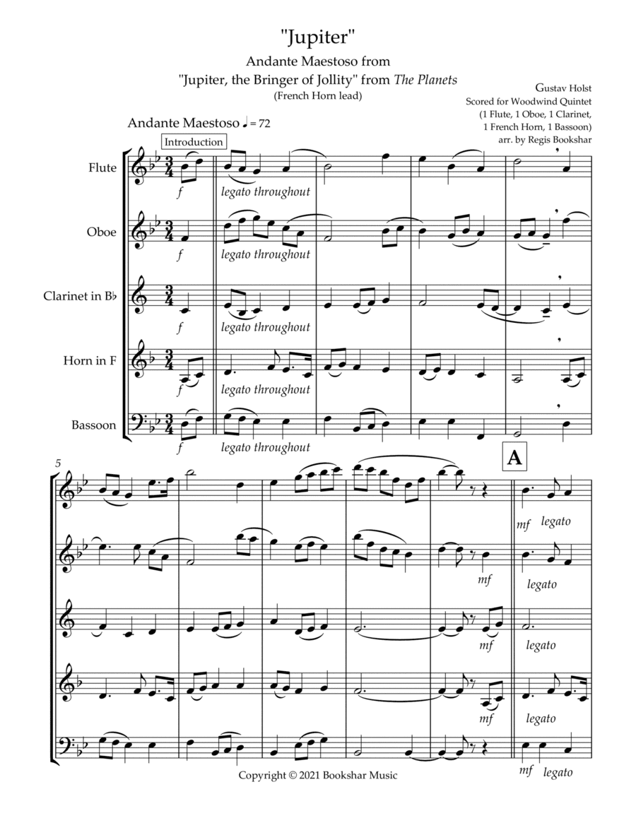 Jupiter (Andante Maestoso from "Jupiter, the Bringer of Jollity" from The Planets) (Bb) (Woodwind Qu (arr. Regis Bookshar)
