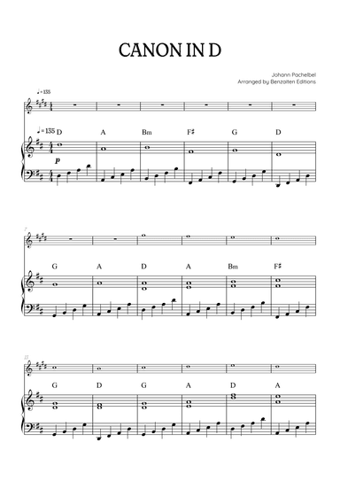 Pachelbel Canon in D • clarinet sheet music with piano accompaniment and chords (arr. Benzaiten Editions)