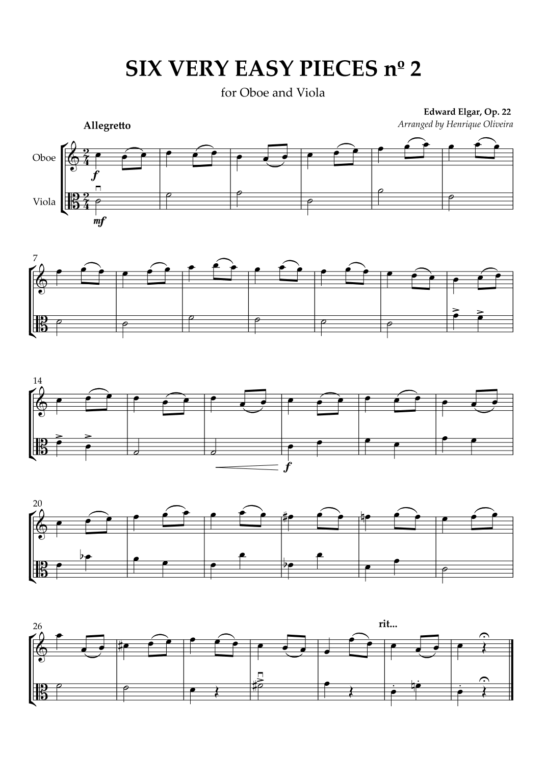 Six Very Easy Pieces nº 2 (Allegretto) - Oboe and Viola (arr. Henrique Oliveira)