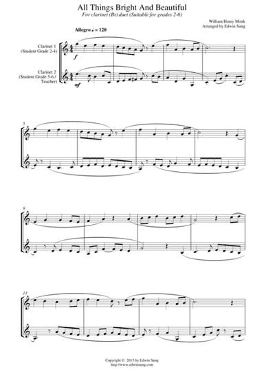 All Things Bright And Beautiful (for clarinet (Bb) duet, suitable for grades 2-6) (arr. Edwin Sung)