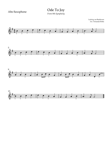 Ode To Joy (from Beethoven's 9th Symphony) for Alto Saxophone Solo (arr. Fernando Britto)