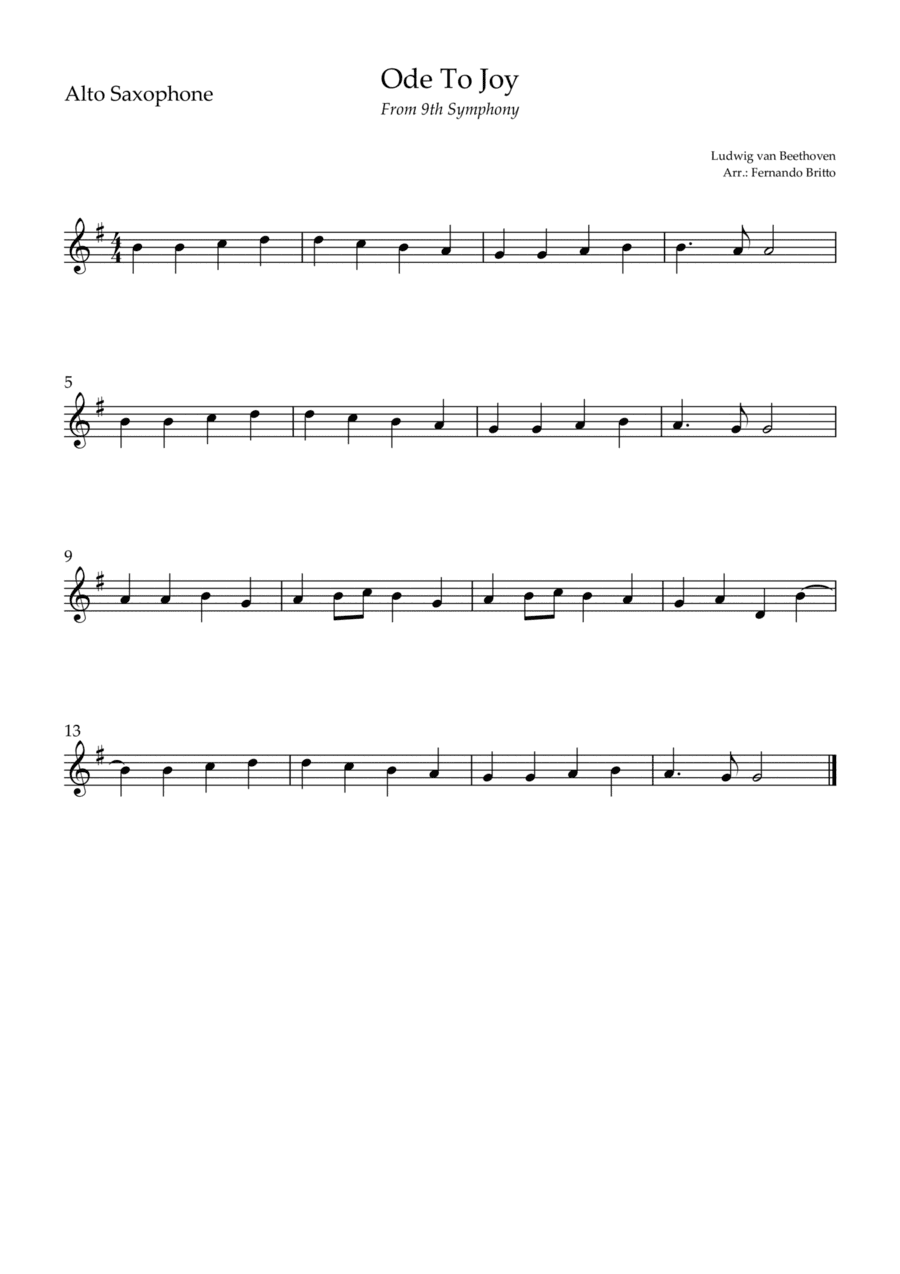 Ode To Joy (from Beethoven's 9th Symphony) for Alto Saxophone Solo (arr. Fernando Britto)