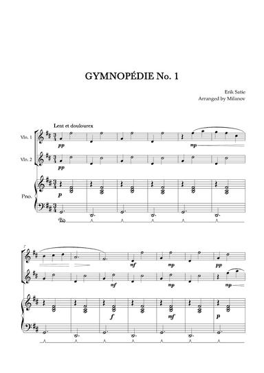 Gymnopédie no 1 | Violin Duet | Original Key| Piano accompaniment |Easy intermediate (arr. Milanov)