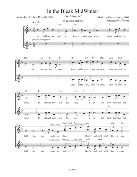 In the Bleak Midwinter for SSAA ensemble (arr. Aria Thomé)