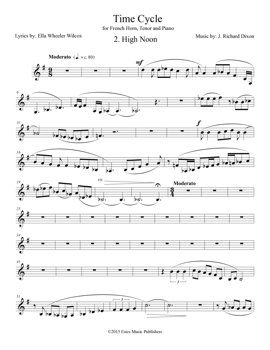French Horn part to "High Noon" from "Time Cycle" for tenor, piano and horn.