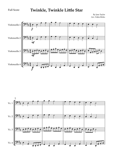 Twinkle, Twinkle Little Star for Cello Quartet (arr. Fabio Britto)