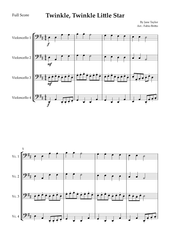 Twinkle, Twinkle Little Star for Cello Quartet (arr. Fabio Britto)