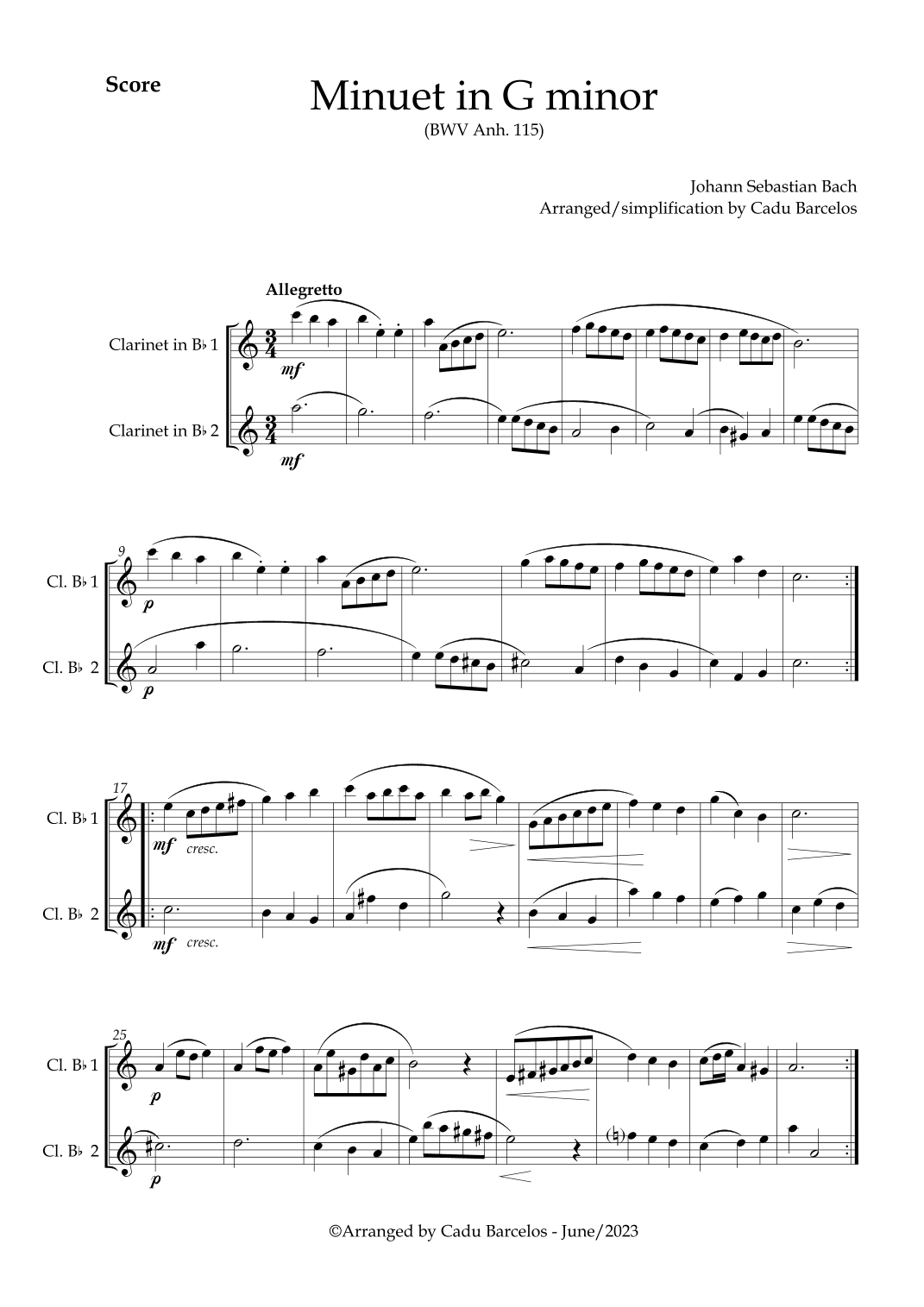 Minuet in G minor BWV anh 115 (Bach) 2 Clarinets (arr. Cadu Barcelos)