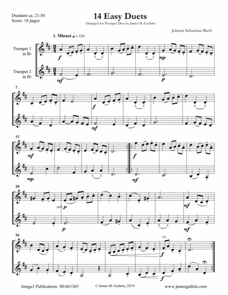 Bach: 14 Easy Duets for Trumpet Duo (arr. James M. Guthrie, ASCAP)