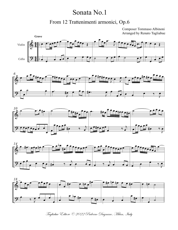Albinoni - SONATA No.1 in C major (From 12 Sonate per Trattenimenti armonici) (arr. Renato Tagliabue)