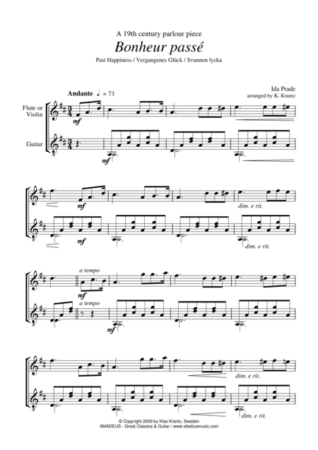 Bonheur passe / Past Happiness / Svunnen lycka for flute or violin and guitar (arr. Amadeus Music)