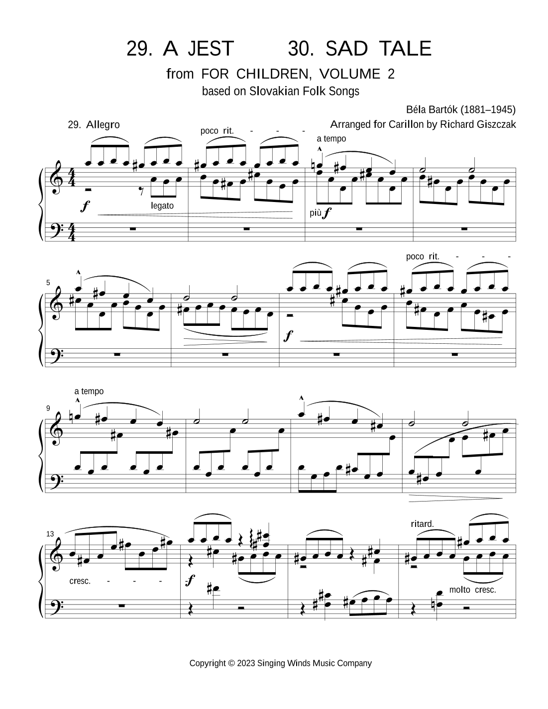 For Children, Volume 2: 29. A Jest, 30. Sad Tale (arr. Richard Giszczak)