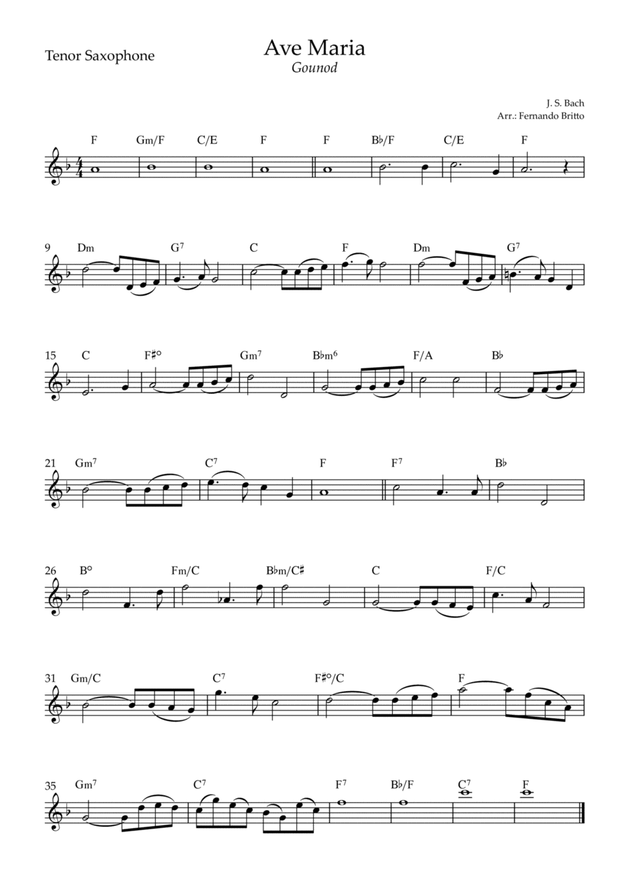 Ave Maria (Gounod) for Tenor Saxophone Solo with Chords (Eb Major) (arr. Fernando Britto)
