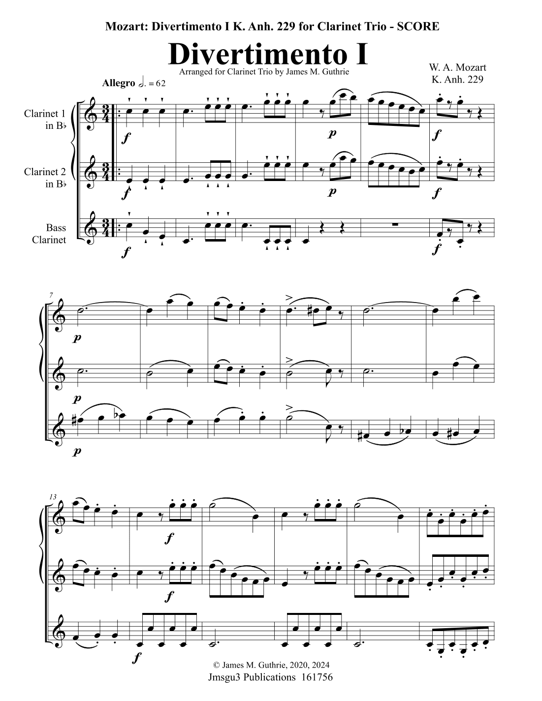Mozart: Divertimento No. 1 for Clarinet Trio (arr. James M. Guthrie)
