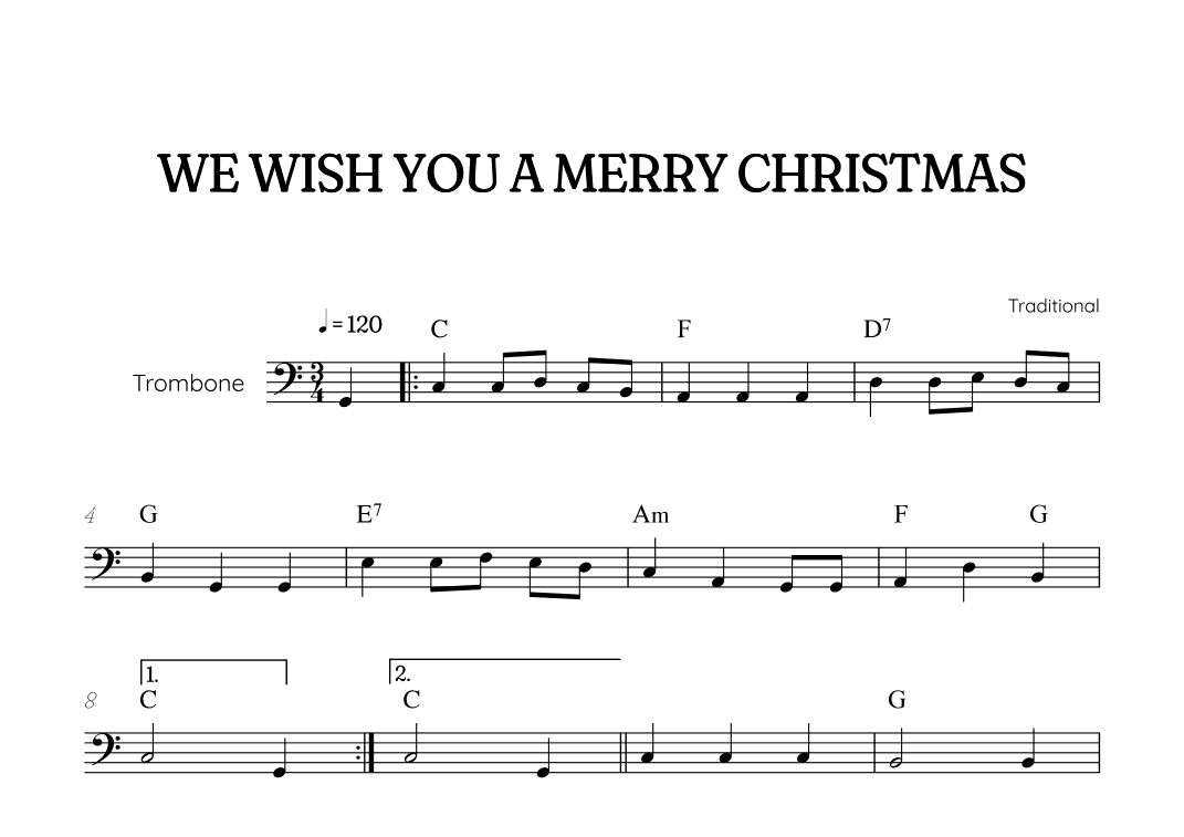 We Wish You a Merry Christmas for trombone • easy Christmas sheet music with chords (arr. Benzaiten Editions)