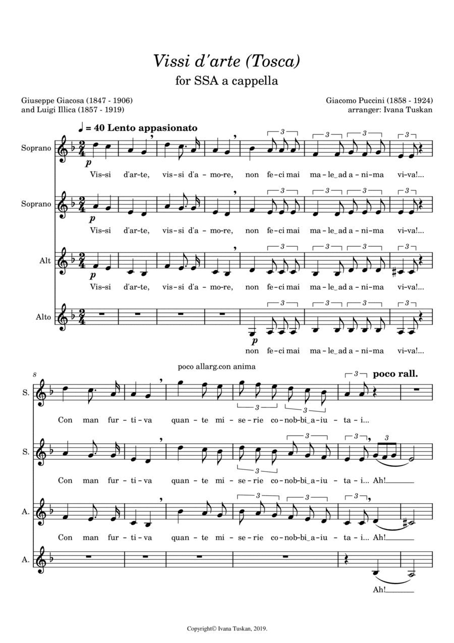 Vissi d'arte (Tosca) for SSAA a cappella D minor (arr. Ivana Tuskan)