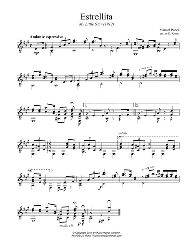 Estrellita, My Little Star for guitar solo (arr. K. Krantz)