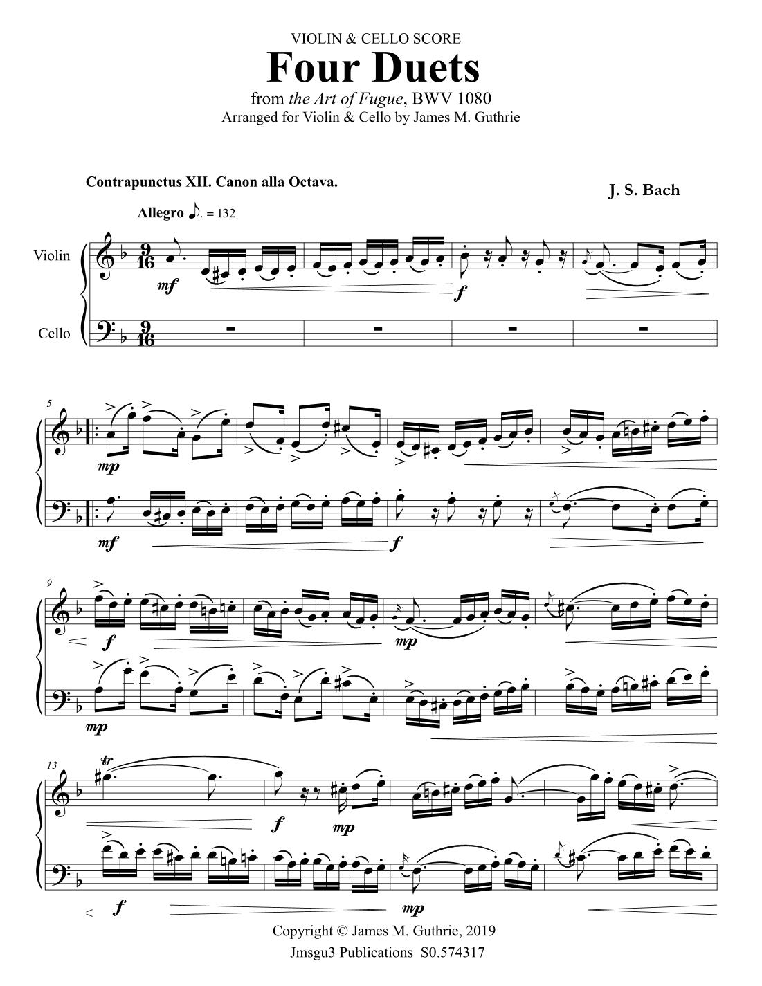 Bach: Four Duets from the Art of Fugue for Violin & Cello (arr. James M. Guthrie)