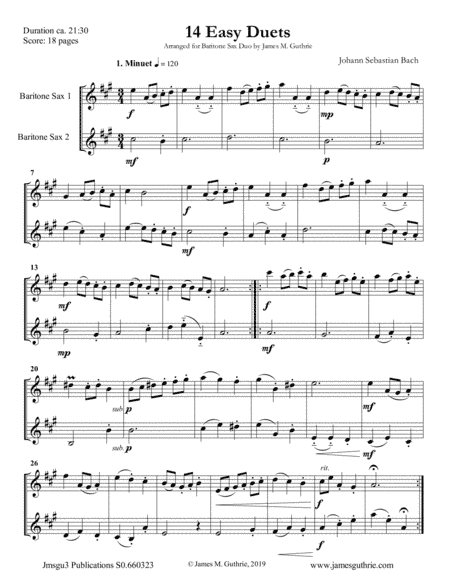Bach: 14 Easy Duets for Baritone Sax Duo (arr. James M. Guthrie, ASCAP)