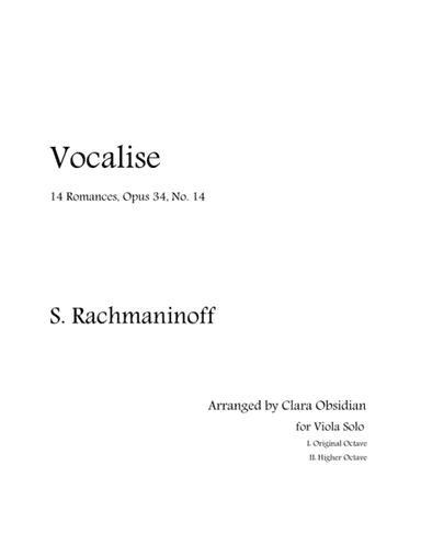 Rachmaninoff: Vocalise for Solo Viola (In 2 difficulties, both scores included) (arr. Clara Obsidian)