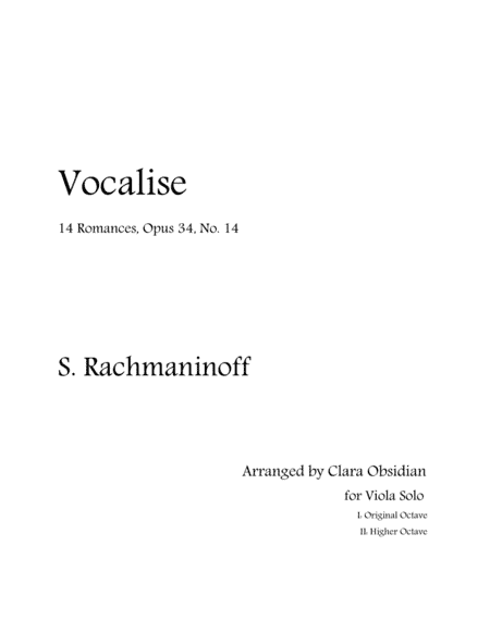 Rachmaninoff: Vocalise for Solo Viola (In 2 difficulties, both scores included) (arr. Clara Obsidian)