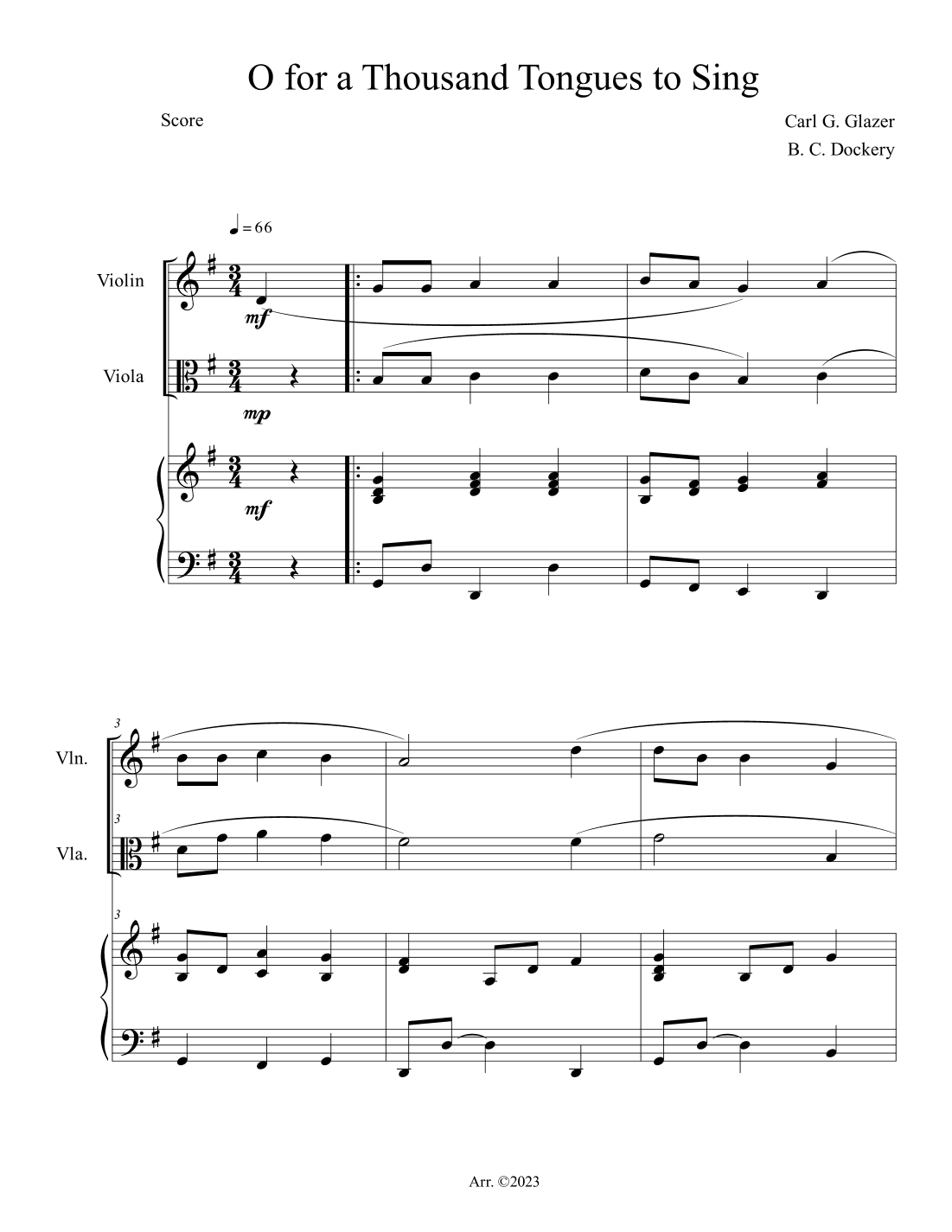 O For a Thousand Tongues to Sing (Violin and Viola Duet with Piano Accompaniment) (arr. B. C. Dockery)