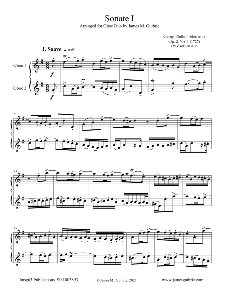 Telemann: Sonata Op. 2 No. 1 for Oboe Duo (arr. James M. Guthrie)