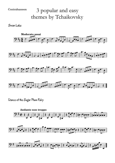 3 popular and easy themes by Tchaikovsky with accompaniment and chord symbols for Contrabassoon (arr. Leyandder Trustworthy)