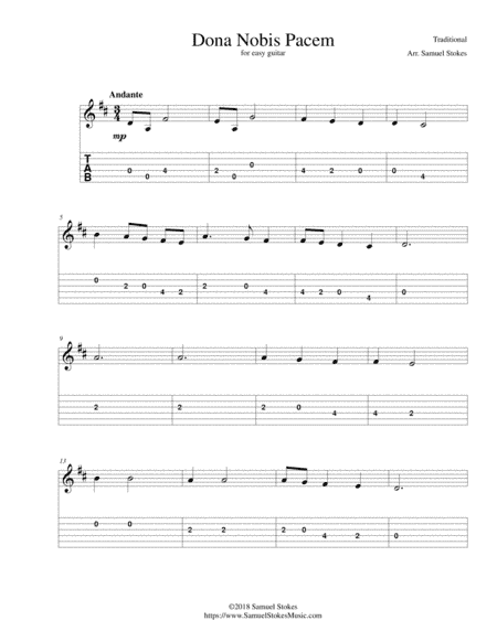 Dona Nobis Pacem - for easy guitar with TAB (arr. Samuel Stokes)