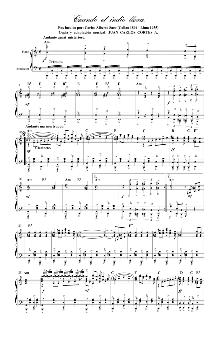 Cuando el indio llora. Fox incaico por Carlos Alberto Saco. (arr. Juan Carlos Cortés A,)