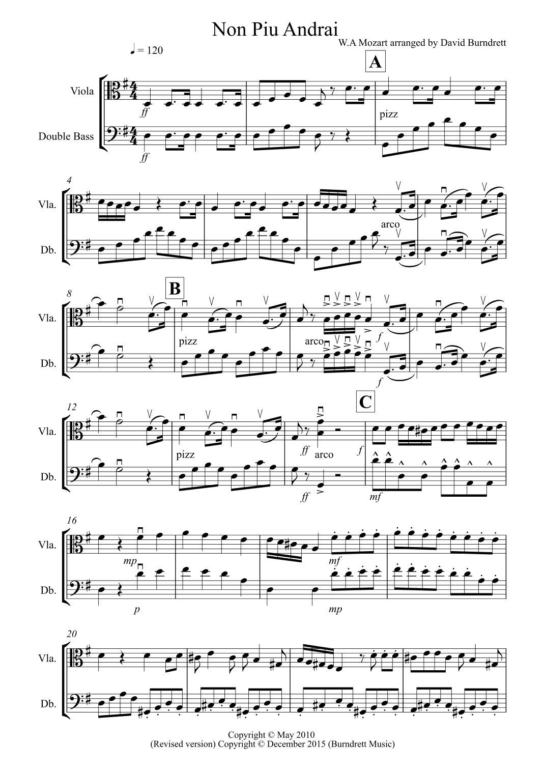 Non Più Andrai for Viola and Double Bass Duet (arr. David Burndrett)