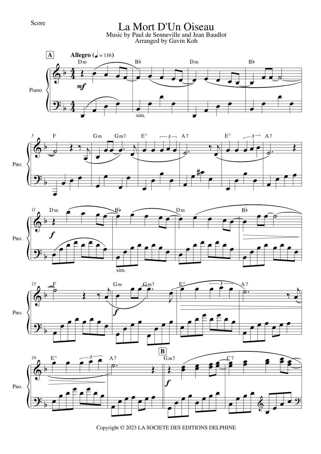 La Mort D'un Oiseau (arr. Gavin Koh)