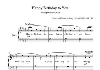 Happy Birthday to You Piano in D Easy Intermediate Lyrics (arr. Milanov)