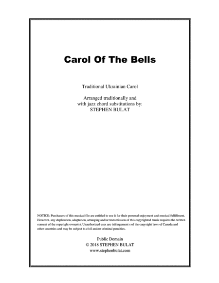Carol Of The Bells - Lead sheet arranged in traditional and jazz style (key of Gm) (arr. Stephen Bulat)